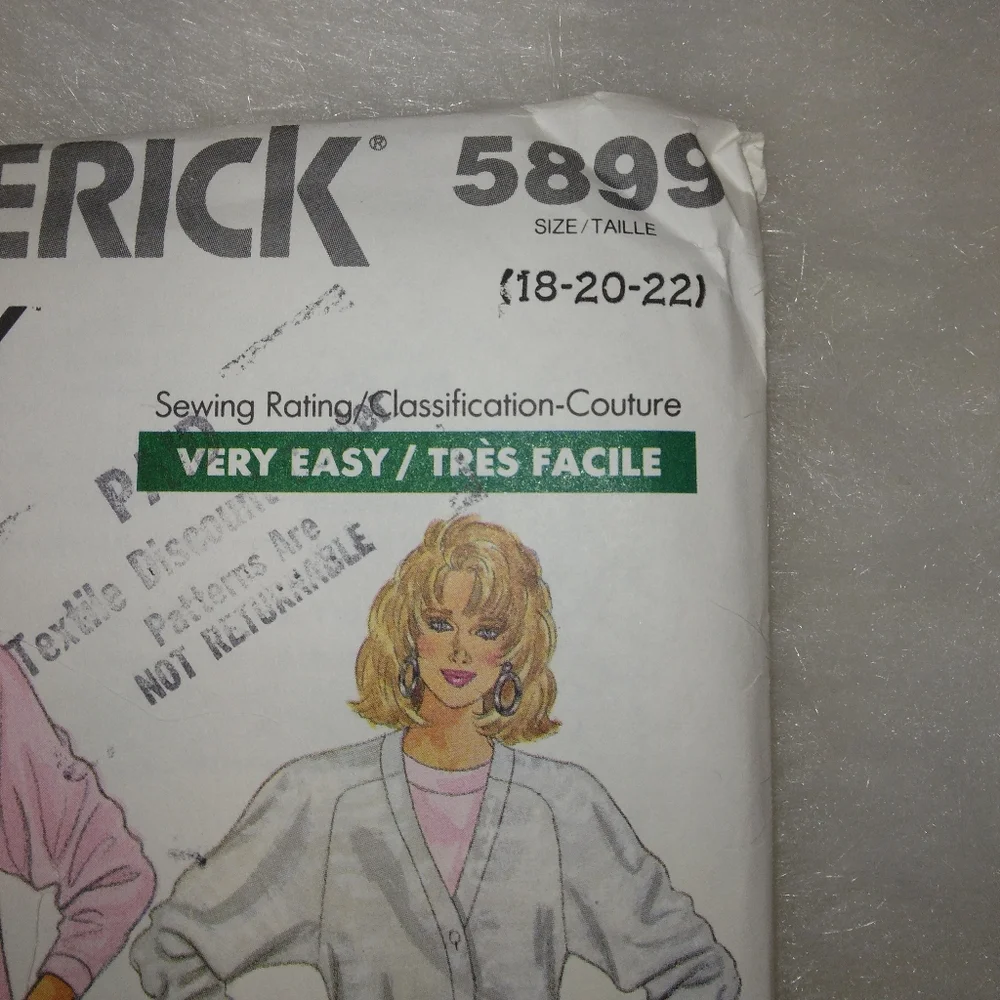 Butterick 5899 EASY Cardigan, Top Skirt Size 18-20-22. Fast & Easy